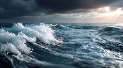 Fototapeta premium Powerful turquoise ocean wave breaking into white foam beneath dark storm clouds with a soft horizon glow, conveying marine force, turbulence, and environmental drama. World Oceans Day