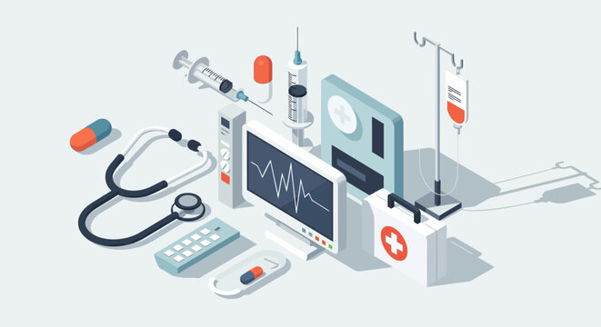 A collection of medical equipment and supplies arranged in an isometric perspective, showcasing healthcare technology and tools.