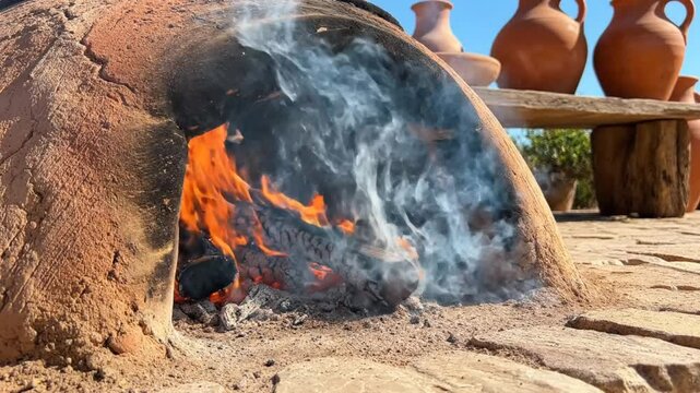 Burning wood fire inside a traditional earthen oven with smoke and clay pots in the background