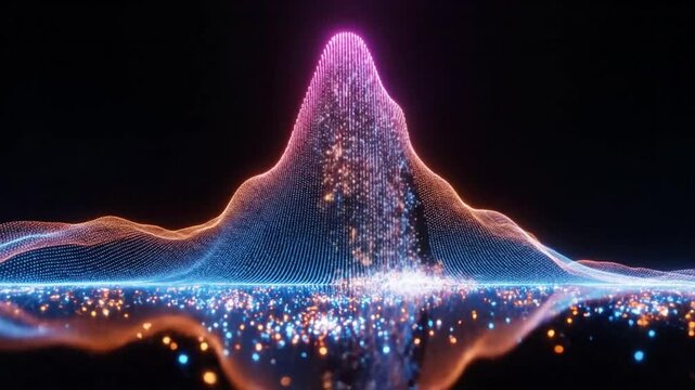 Abstract digital mountain peak with particle stream, futuristic landscape with illuminated dot pattern on a dark background