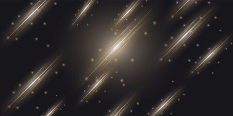 Abstract Dark Background with Multiple Dynamic Glowing Gold and Bronze Light Streaks and Scattered Particles © rayyanka