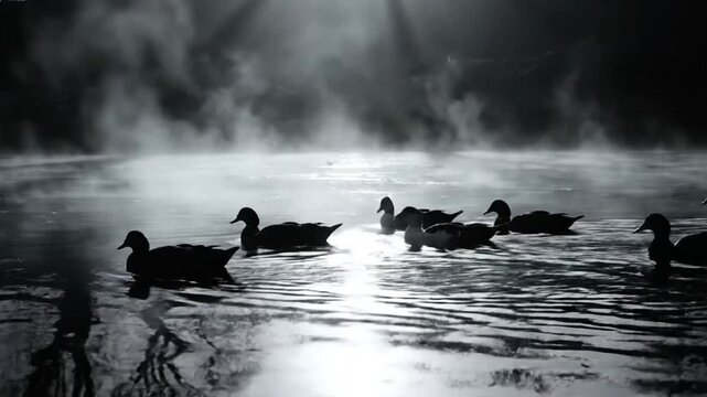 Black and white shot of ducks swimming across a misty lake with dramatic light and reflections