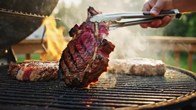 Chef skillfully grilling juicy cuts of steak on a barbecue with flames and smoke during a sunny day