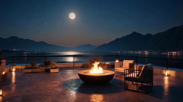 Enjoying a fire pit under the full moon on a terrace with a view of the lake and mountains at night