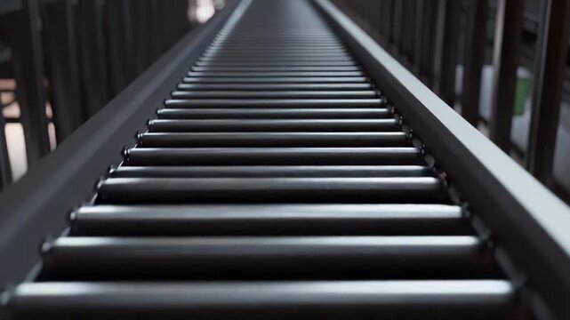 Empty industrial roller conveyor belt with a shallow depth of field, extending into the distance, symbolizing efficiency, logistics, and automated processes in a modern distribution center