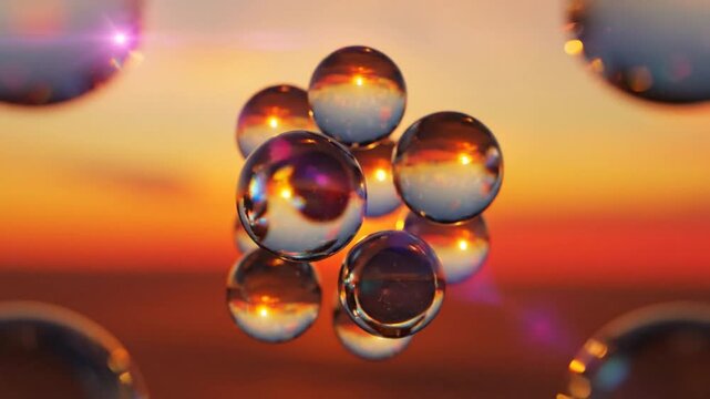 Abstract rendering of reflective glass spheres floating with sunset colors and blurred orbs in foreground