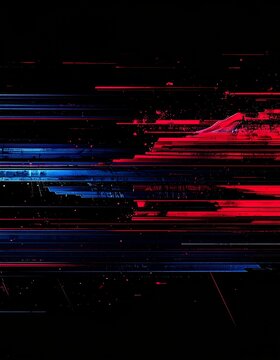 Abstract Digital Glitch Art with Red and Blue Streaks on Black Background
