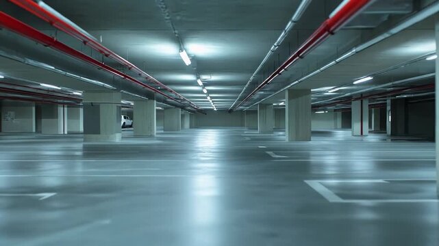 Modern concrete underground car park with illuminated ceiling tubes, red pipes and pillars, vacant parking bays, strong lines and symmetrical architectural perspective, minimalistic ambiance