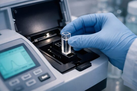 Scientist wearing a blue glove placing a cuvette containing a liquid sample into a laboratory spectrophotometer for chemical analysis and data measurement