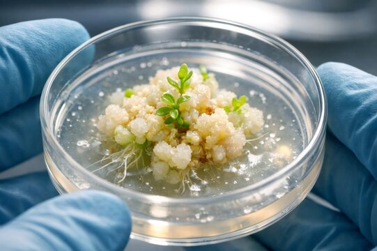 Gloved hands carefully holding a petri dish containing propagating plant tissue culture with small sprouts and roots growing in a gel medium, representing biological research