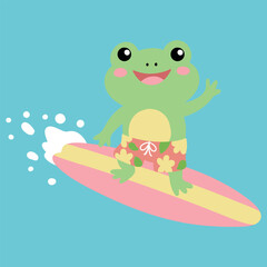 Naklejka premium Cute little frog on surfboard in the ocean
