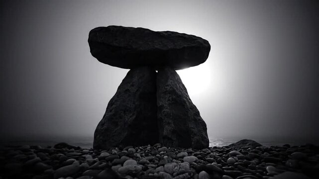 Mysterious dolmen structure silhouetted against a misty sky near the shoreline evokes ancient history