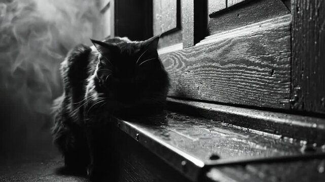 Black and white dramatic film of a dark cat sitting on a damp wooden ledge beside a door, with swirling smoke in background.