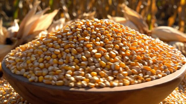 Close-up view of a wooden bowl filled with golden corn kernels, ready for harvest and consumption