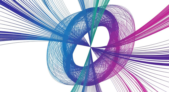 Abstract digital art featuring an intricate, colorful swirling vortex of lines emanating from the center against a white background, symbolizing energy and motion