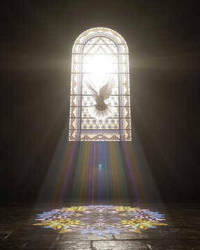 AI-generated glowing dove descending through a stained glass window