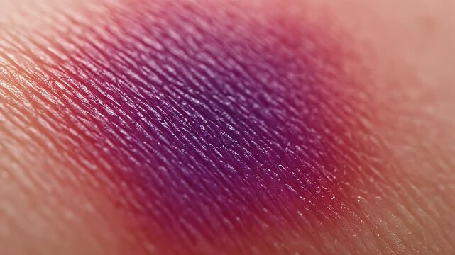 Skin bruise changing color from red to purple in extreme close-up view