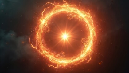 Obraz premium Fiery energy circle forms bright glowing portal center. Cosmic light beams radiate outwards from star like core. Abstract digital art depicts otherworldly phenomena.