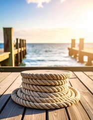 Fototapeta premium Thick coiled rope on weathered wooden dock by ocean at sunset golden hour