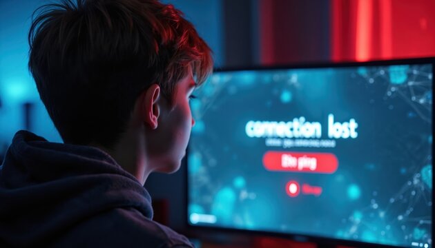 Young person frustrated by lost internet connection error on computer screen. Red ping indicator flashes. Online gaming connection problems and technical issues.