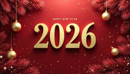 Fototapeta premium Golden numbers 2026 show Happy New Year greeting on red background. Festive ornaments and red pine branches frame this luxurious celebration event. Festive background for winter holidays.