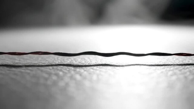 Low angle view of a thin black and red wavy thread with shadow on a grey surface.