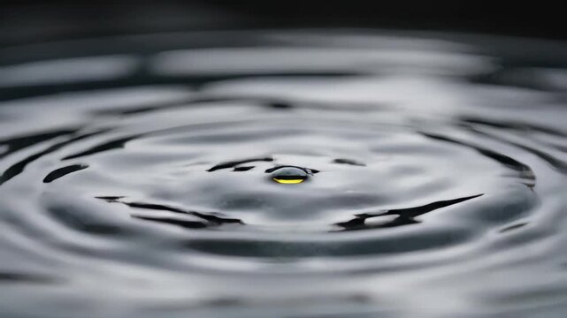 Single drop of oil falling into liquid creating expanding ripples. Macro shot of golden droplet splash on dark surface. Fluid dynamics and viscosity concept