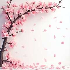Fototapeta premium Pink cherry blossom branches with falling petals against a soft white background. Delicate floral elements create a beautiful spring or nature theme for graphic design. Peaceful botanical scene.