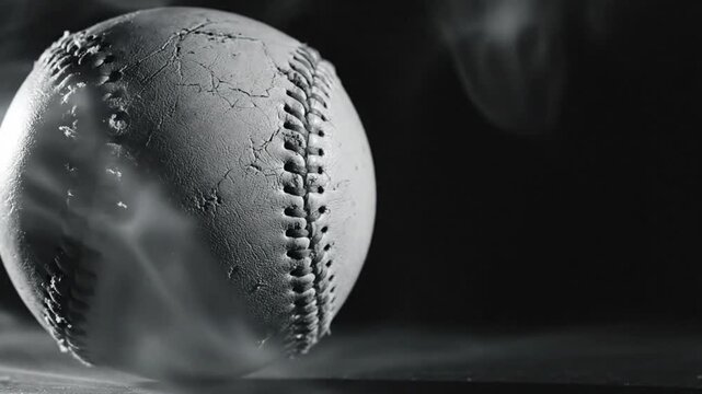 Dramatic monochrome shot of an old baseball on a dark surface, textures and detail