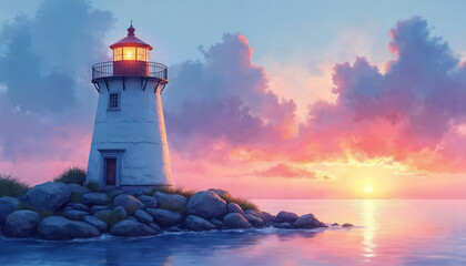 Obraz premium White lighthouse stands on rocky shore during colorful sunset. Calm sea reflects pink purple sky and bright sun. Coastal beacon shines light over ocean horizon.