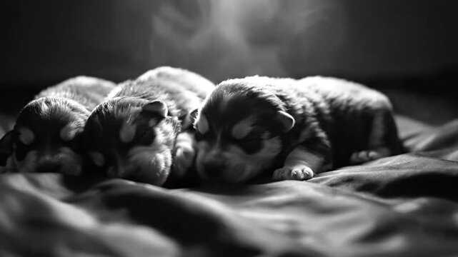 Black and white close up of three adorable newborn puppies resting peacefully together in a cozy environment
