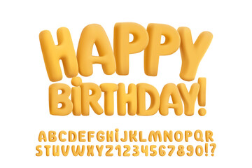 Fototapeta premium 3D plasticine rubber font, inflatable balloon effect. Glossy yellow golden candy bubble letters. Chubby festive Y2K aesthetic, birthday party poster, playful design. Children graphics, title display