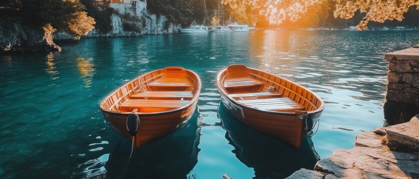 Two wooden boats on a tranquil lake at sunset