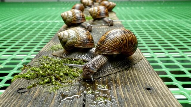 Snails with beautiful striped shells crawling on a weathered wooden plank with moss and a water trail on a green mesh background