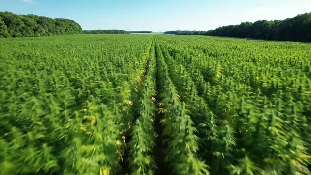 Drone perspective of a green hemp field agricultural harvest under a blue sunny sky in summer