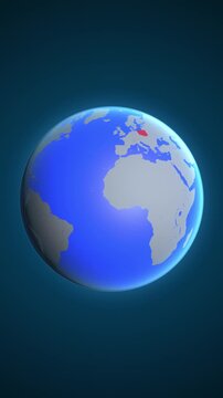 The animation shows a graphic representation of the earth and highlights the location and map of Poland colored red in vertical format.