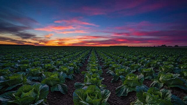 Time-lapse of cabbage field at sunset, colorful sky, agricultural landscape with crop growing in rows