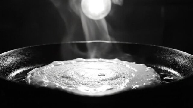 Black and white close up of a pancake cooking in a cast iron skillet with rising steam and a bright light in the background