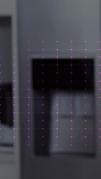 Tapping man in short-sleeve holding cell at kitchen sink sipping blue mug wave overlay, copy space