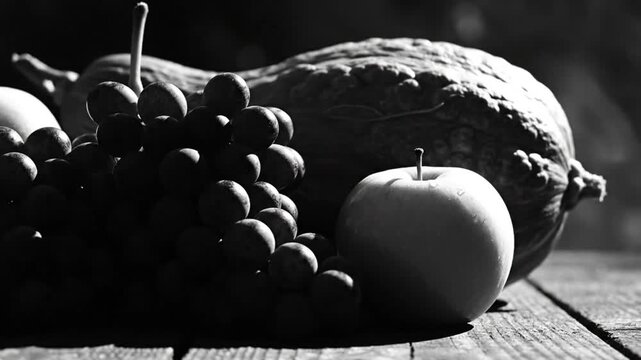 Black and white still life photograph of fresh grapes, apple, and gourd arranged on a wooden table with soft focus