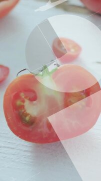 Vertical video: Halved tomato center while camera shifting triggers HUD numbers sliding for quality