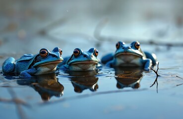 Fototapeta premium Three blue frogs sit in calm water on a sunny day. Amphibians swim together in a pond during summer exploring their natural habitat. Wildlife scene with aquatic animals.