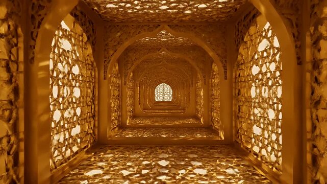 Arched ornate corridor moving forward with geometric light patterns on floor