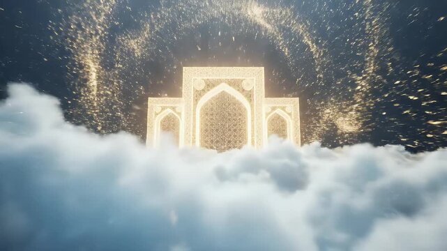 Golden Islamic arch glowing above white clouds with sparkling light particles