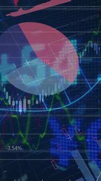 Vertical video: Trade UI showing rising bars and trends as frames open, pie rotating, showing gains