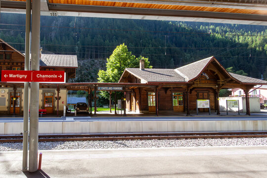 Le Chatelard, Finhaut, Valais, Switzerland - August 09th, 2025: Le Chatelard-Frontiere in Switzerland Station near the border with France, as seen from the Mont-Blanc Express train.