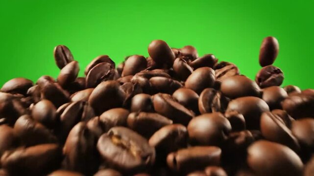 Coffee beans cascade and bounce in slow motion against a vibrant green background, showcasing the freshness