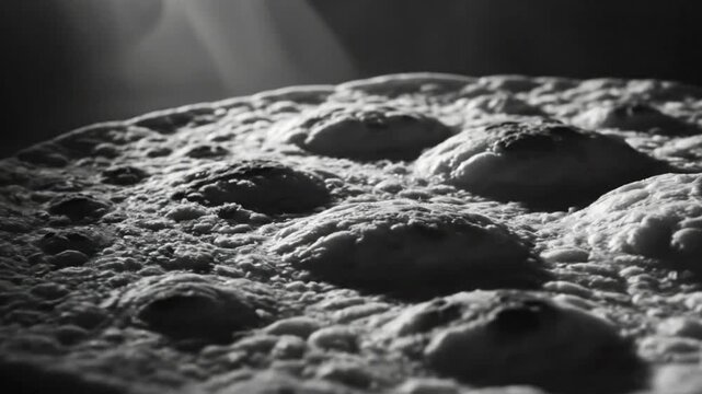 Black and white close up of fresh baked flatbread with steam rising from the surface highlighting texture