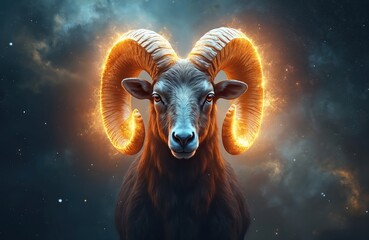 Fototapeta premium Ram head with glowing horns against starry night sky. Zodiac symbol represents Aries, fire element, courage, new beginnings. Powerful animal spirit guide in cosmos.