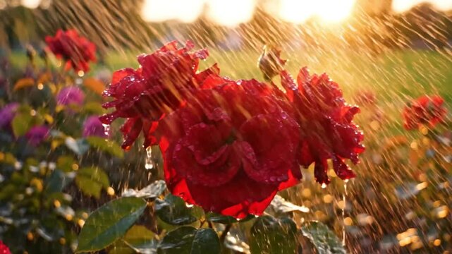 Red Roses with Water Droplets Gently Kissed by the Sun&acirc;&euro;TMs Golden Rays in a Serene Garden Setting